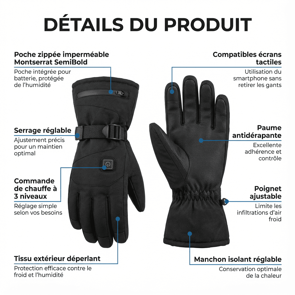 Gants chauffants rechargeables à batterie intégrée