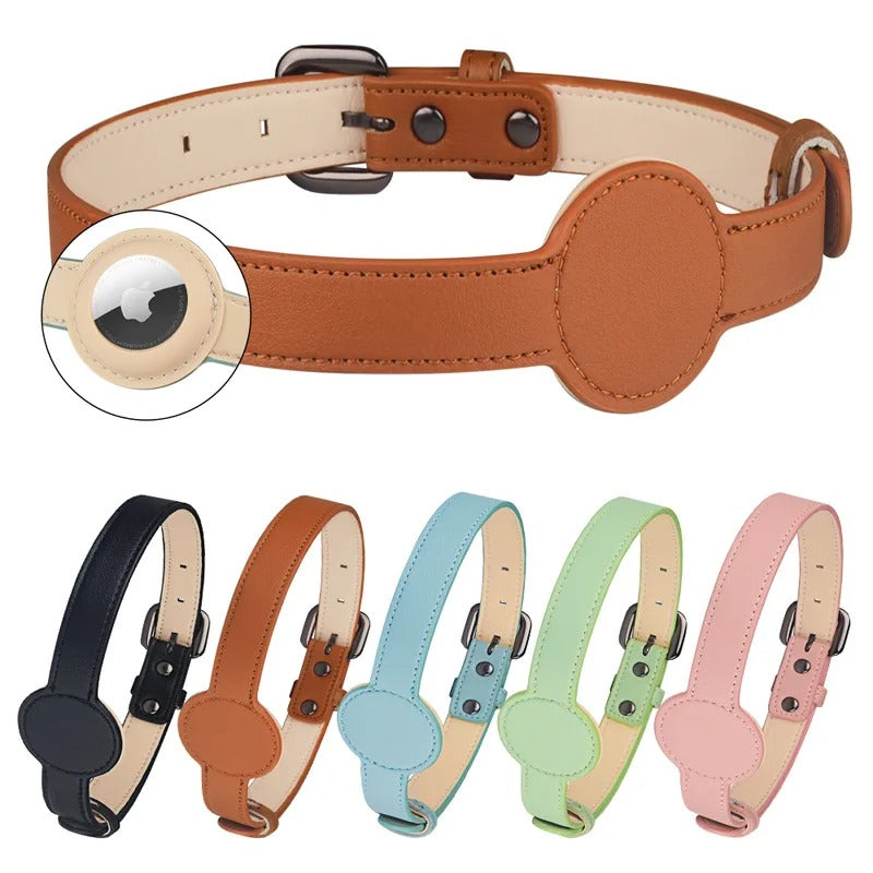 Collier élégant en cuir avec porte-Airtag intégré