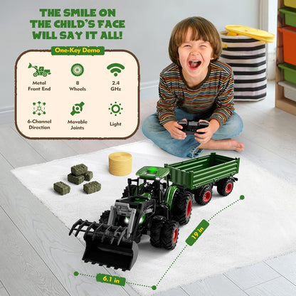 Tracteur télécommandé métallique avec remorque RC jouet de ferme