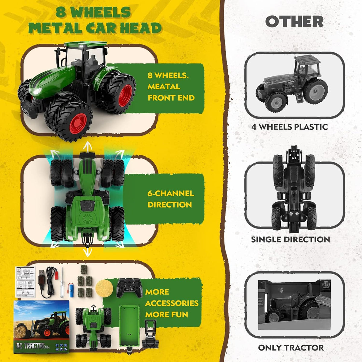Tracteur télécommandé métallique avec remorque RC jouet de ferme