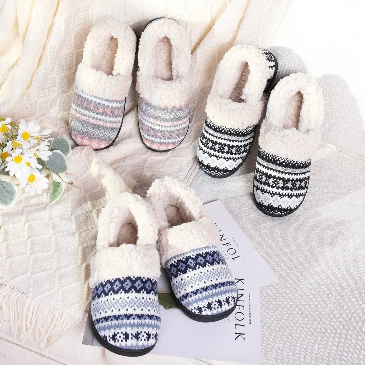 Pantoufles d’intérieur chaudes en tricot pelucheux hiver