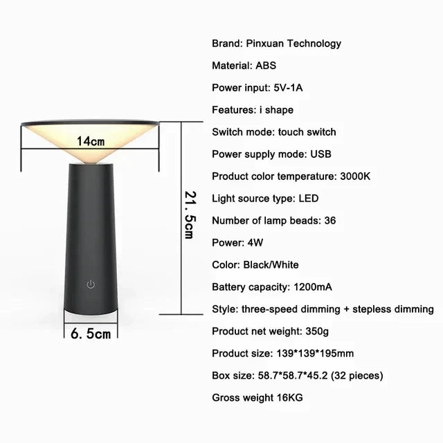 Lampe de table sans fil à éclairage LED rechargeable